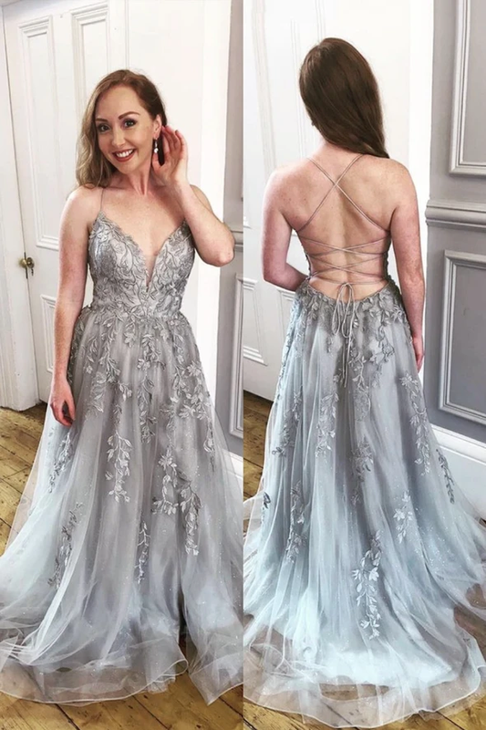 Gray tulle long A line prom dress evening dress     cg20668