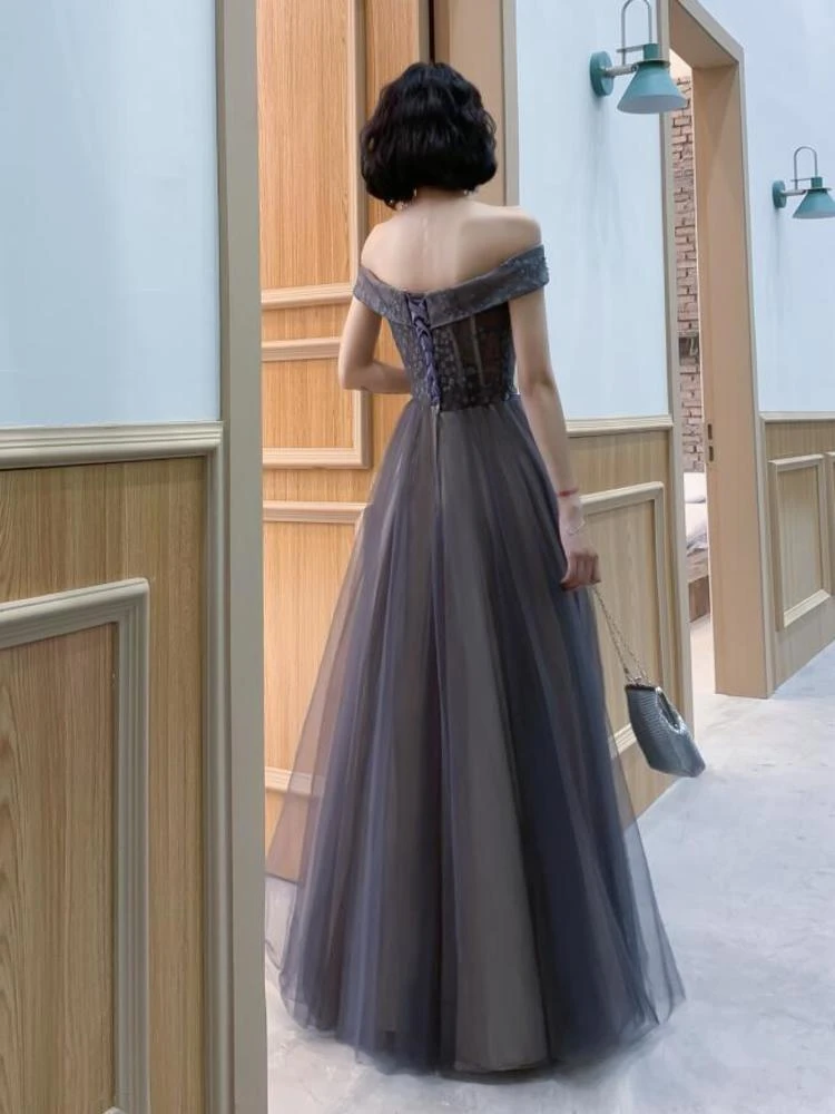 Dark Grey Tulle With Lace Applique Sweetheart Long Prom Dress, A-Line Off Shoulder Party Dress    cg20678