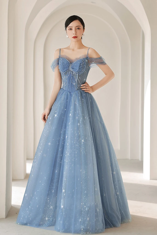 BLUE SWEETHEART NECK TULLE BEADS LONG PROM DRESS BLUE EVENING DRESS    cg20680