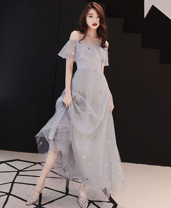 Gray tulle tea length prom dress, gray tulle evening dress cg2070