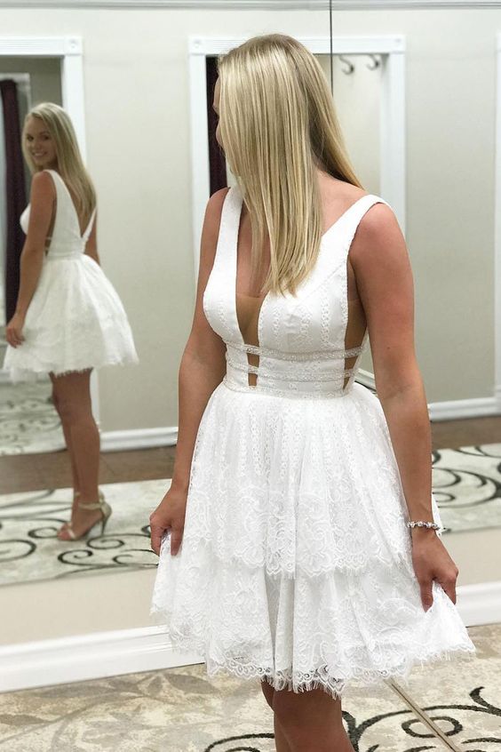 Short Homecoming Dresses 2019, White Lace Homecoming Dresses cg2071