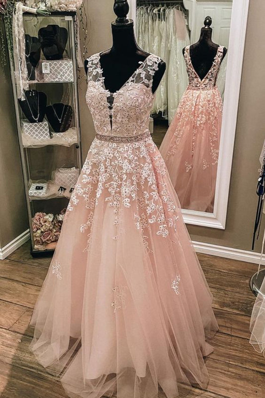 A-line pink tulle and lace appliques long prom dress formal dress    cg20729