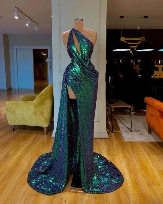 One Shoulder Sequin Prom Dress Long Pageant Dress with Slit     cg20736