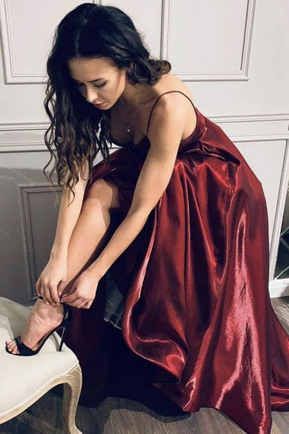 Burgundy satin long A line prom dress evening dress    cg20803