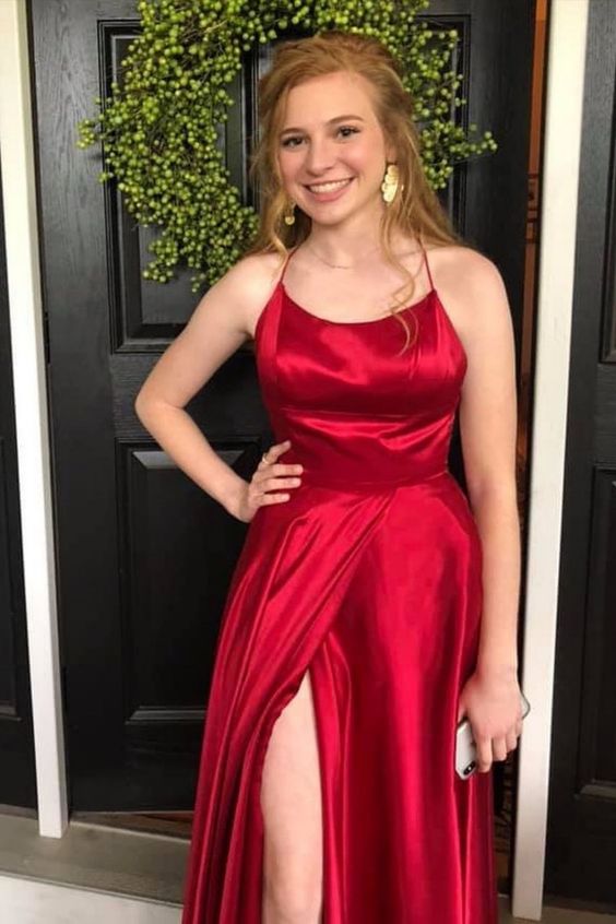 simple straps red long prom dress side slit satin formal dress    cg20816