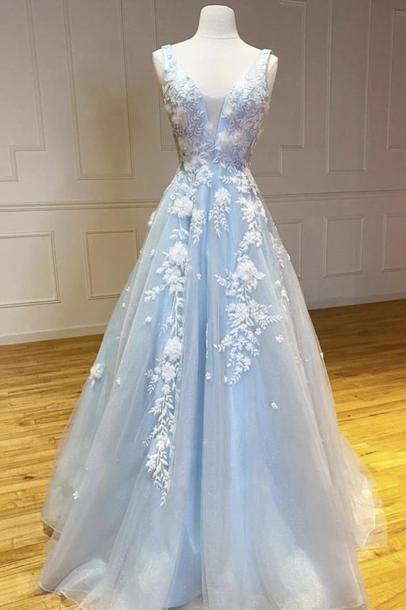 Blue v neck tulle long A line prom dress evening dress    cg20819