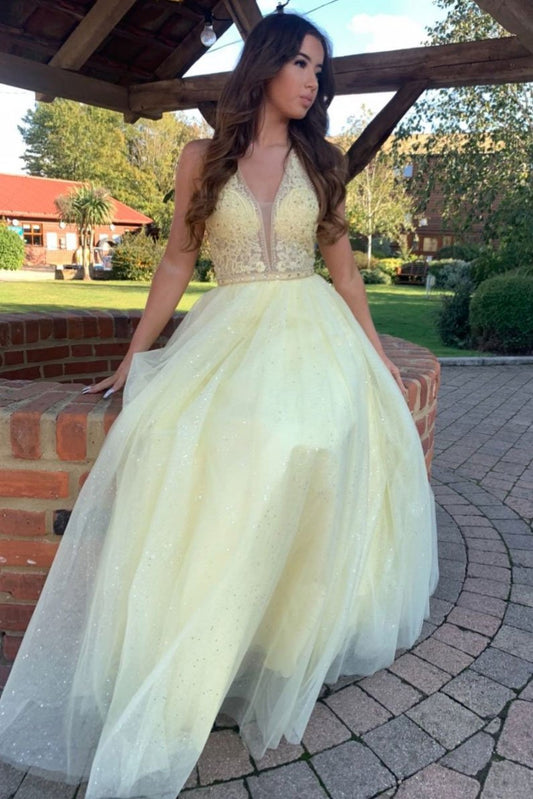 Yellow v neck tulle lace long prom dress yellow formal dress    cg20830