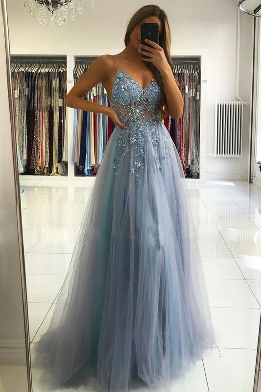 GRAY BLUE V NECK TULLE BEADS LONG PROM DRESS BLUE FORMAL DRESS   cg20836