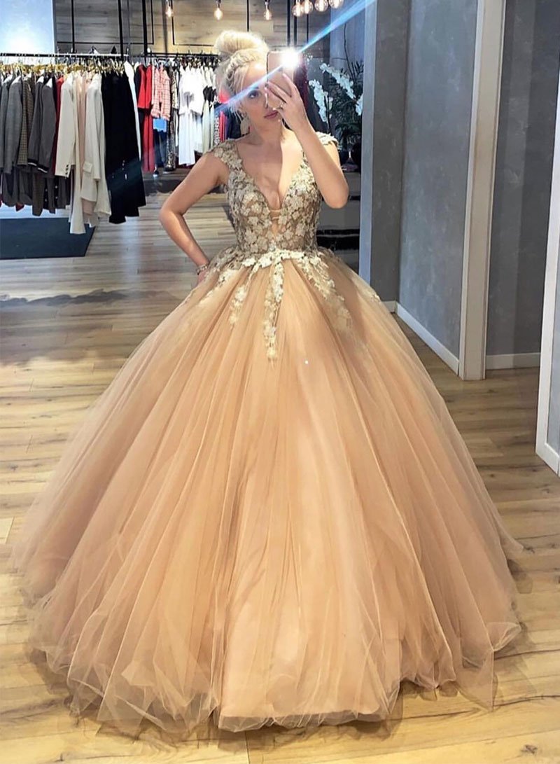 Champagne tulle lace long prom dress, v neck evening dress cg2084