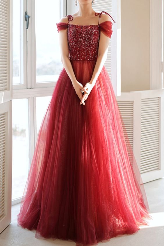 elegant A-line burgundy tulle long prom dress with spaghetti straps and off the shoulder neckline    cg20866