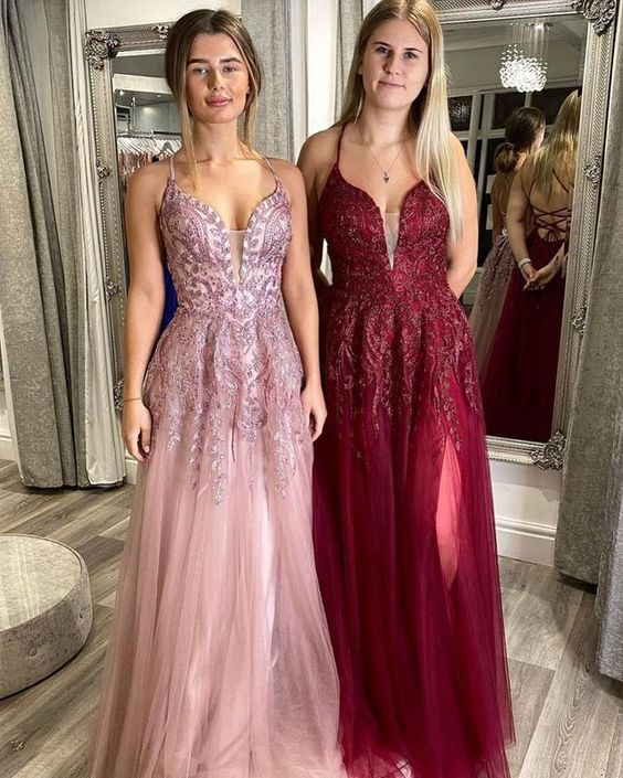 Charming A Line V Neck Spaghetti Straps Blush Lace Prom Dresses, Party Dresses    cg20872