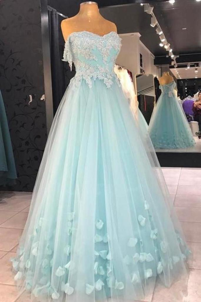 Mint Blue Sweetheart Tulle With Lace And Flowers Formal Dress, Tulle Long Prom Dress Party Dress    cg20878