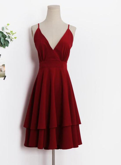 Beautiful Dark Red V-Neckline Chiffon Layers Women Dresses, Fashion Women homecoming Dresses cg2088