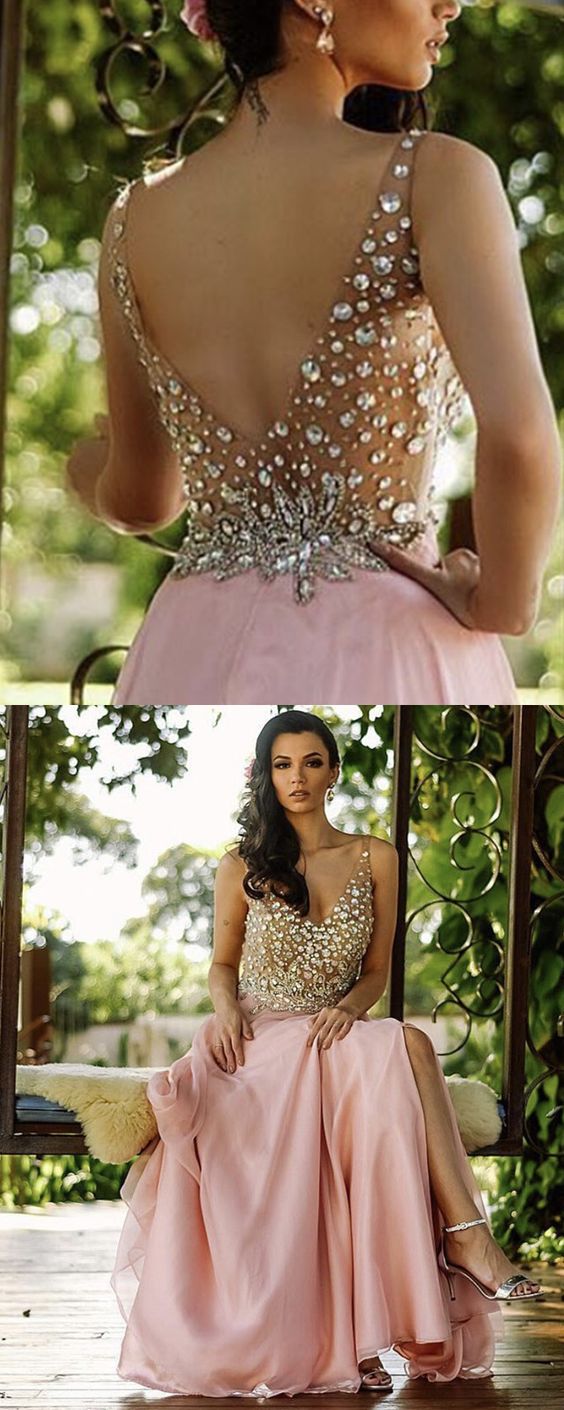 Light Pink Prom Dresses 2021 Backless Chiffon Formal Gown With Crystal Beaded    cg20903