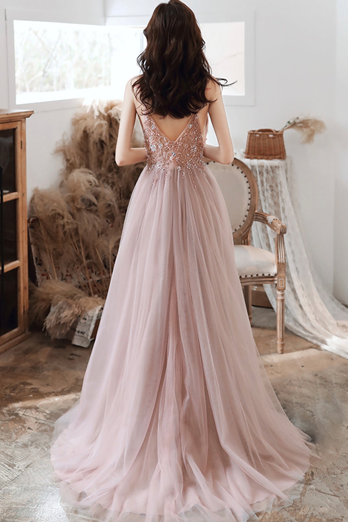 CUTE V NECK TULLE LONG A LINE PROM DRESS EVENING DRESS    cg20907