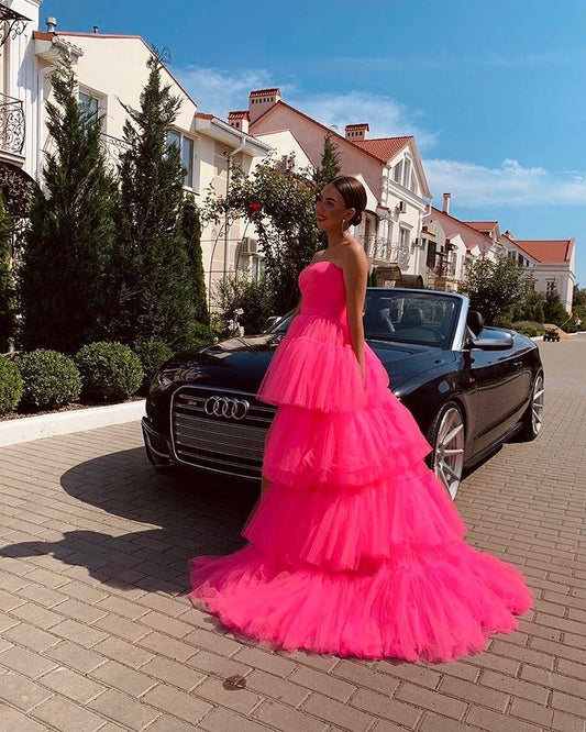 Sweety A Line Strapless Pink Long Prom Dress with Ruffles    cg20926