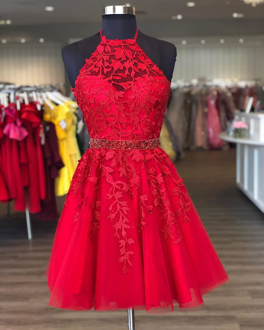 Stylish A Line Halter Red Short Homecoming Dress with Appliques    cg20940