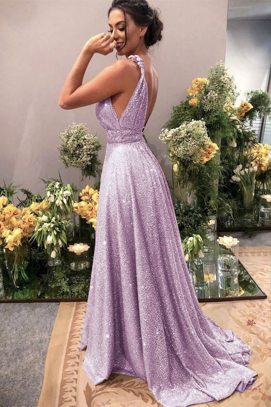 Sparkly lilac prom dresses plung neck formal sequins evening gown for women’s special occasions    cg20955