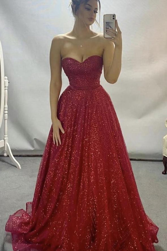 Burgundy tulle sequins long A line prom dress evening dress    cg20957