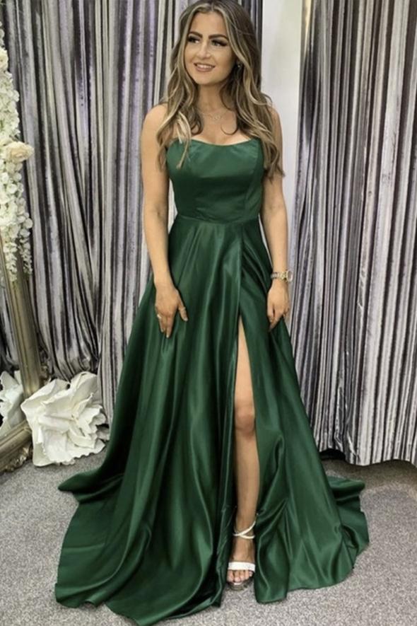 Green satin long A line prom dress evening dress    cg20959