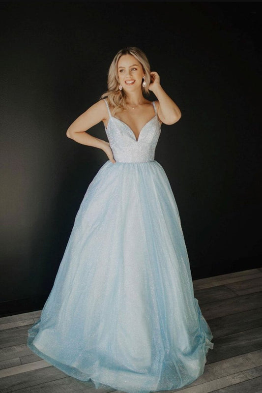 BLUE V NECK TULLE SEQUIN LONG PROM DRESS BLUE TULLE FORMAL DRESS    cg20961