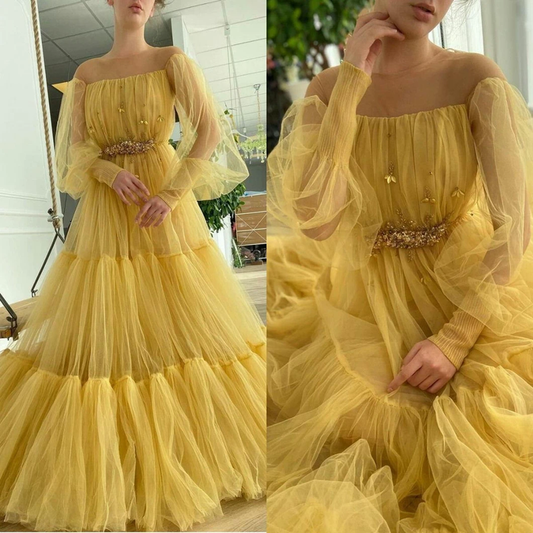 Yellow Beaded Long Sleeves Prom Dresses Off The Shoulder A Line Pleated Evening Gowns    cg20963