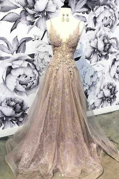 Champagne v neck tulle lace long prom dress, champagne tulle evening dress cg2097