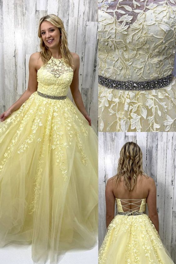 halter yellow appliqued formal dress long prom dress for girl   cg21001