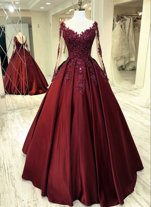 Elegant burgundy wedding dress lace long sleeves ball gown sheer neckl ...