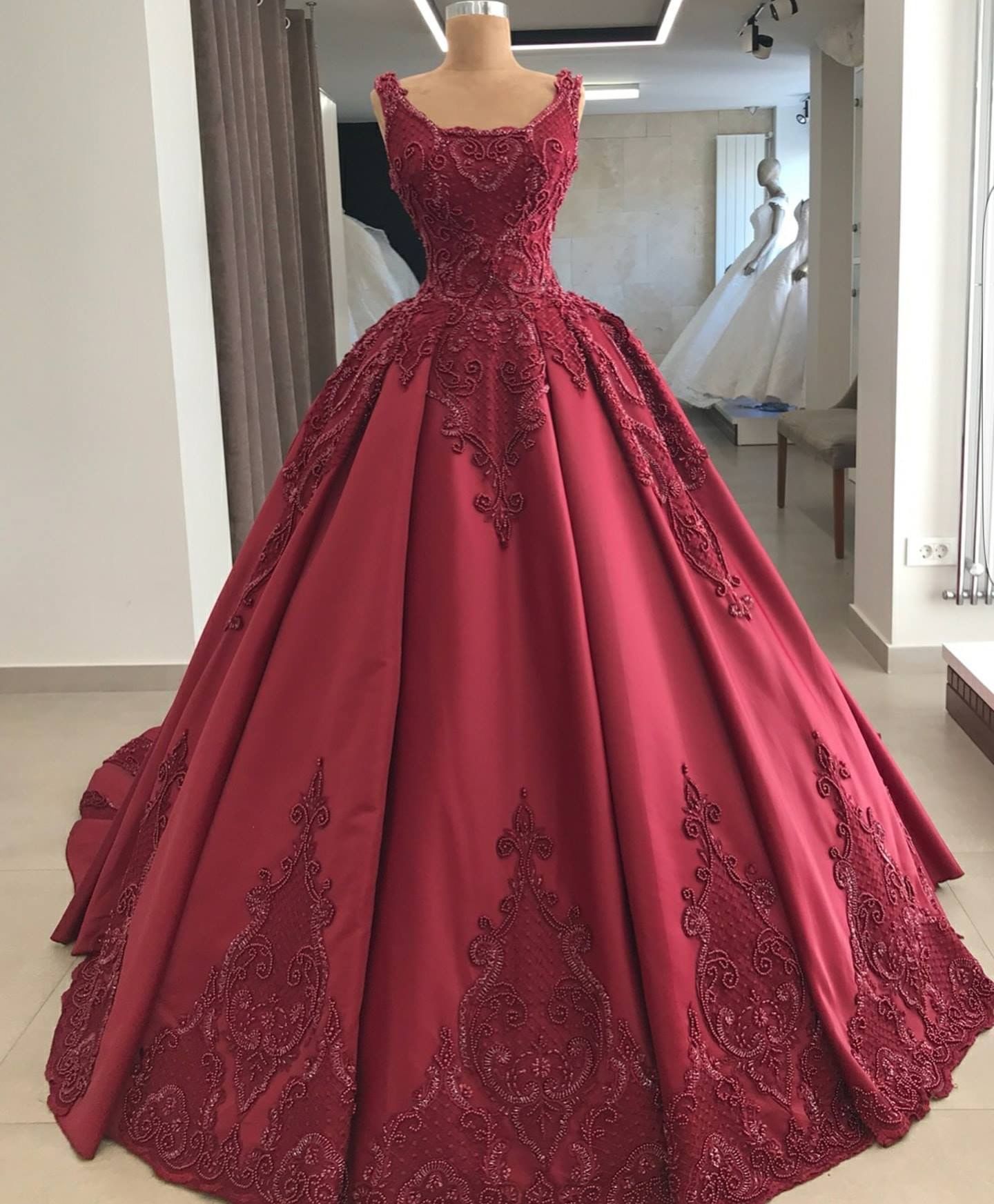 Elegant burgundy wedding dress lace long sleeves ball gown for women prom dress, evening dress    cg21005