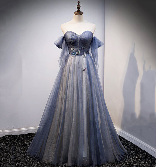 BLUE TULLE LONG A LINE PROM DRESS BLUE EVENING DRESS   cg21009