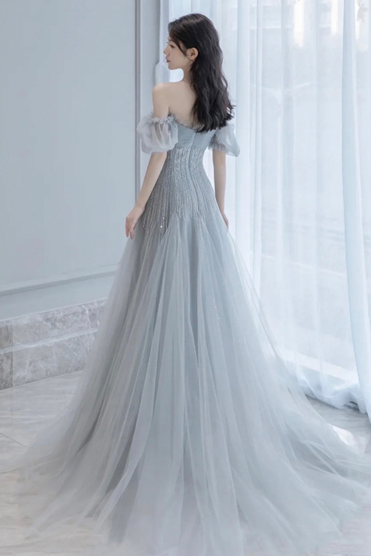 GRAY TULLE BEADS LONG A LINE PROM DRESS EVENING DRESS    cg21010