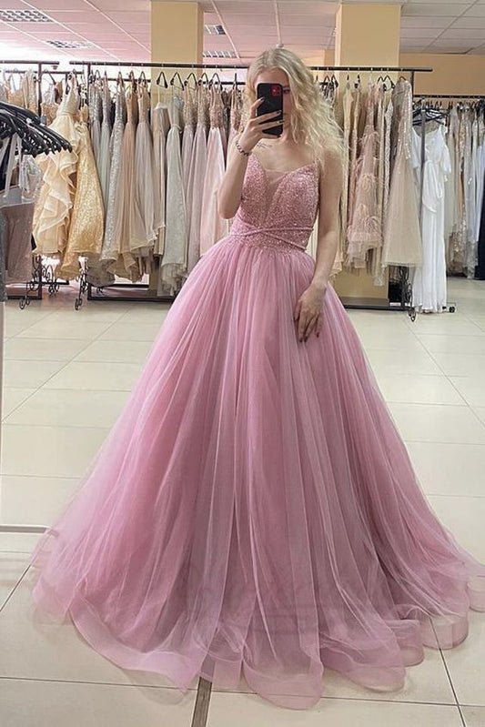 pink long prom dress with glitters top and floor length skirt    cg21021