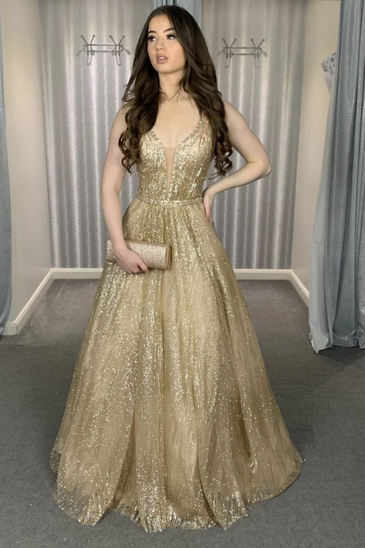 Gold v neck sequins long A line prom dress evening dress    cg21023