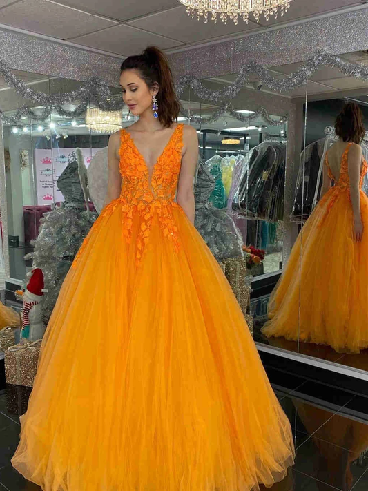 V Neck and V Back Orange Lace Long Prom Dresses, Orange Lace Formal Evening Dresses   cg21027