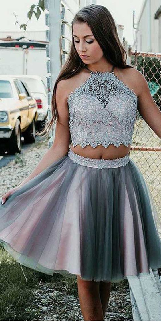 Grey Short Two Piece Halter Homecoming Party Dress with Lace cg2105