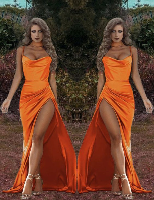 Amazing Mermaid satin orange Bridesmaid dresses leg split spaghetti straps with cowl neck prom dress, evening dress    cg21056