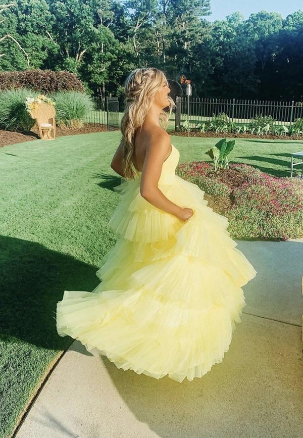 Yellow tulle long A line prom dress evening dress    cg21062