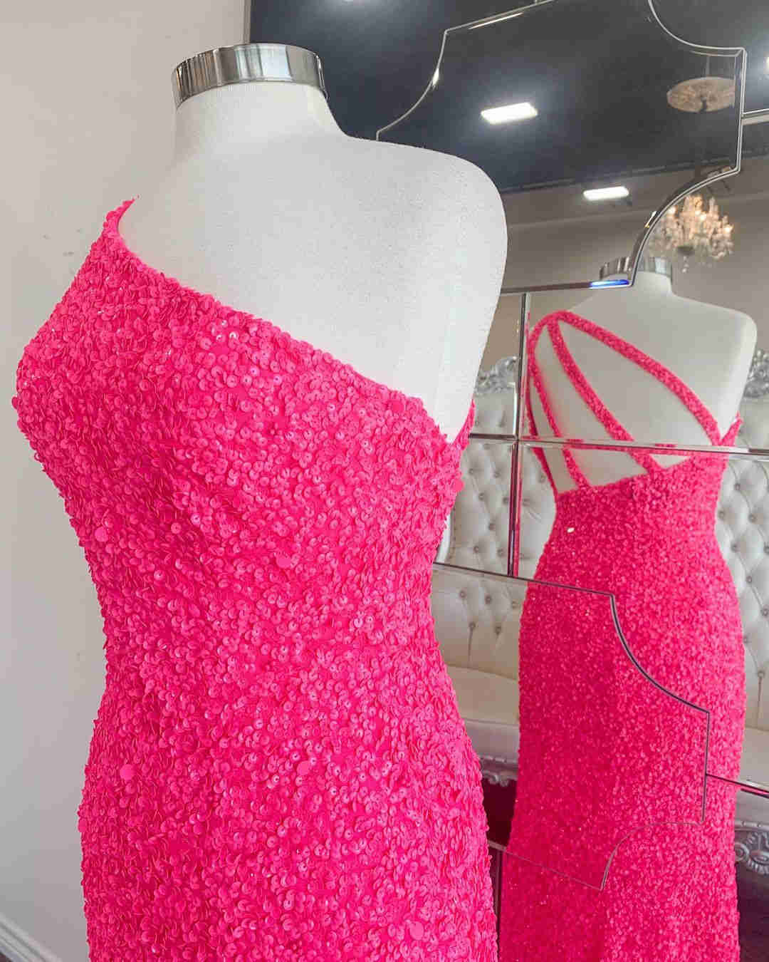 2020 one shoulder hot pink sequined prom dress    cg21068