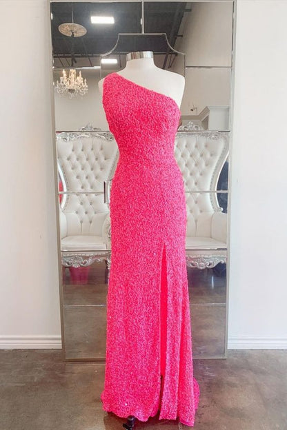 2020 one shoulder hot pink sequined prom dress    cg21068