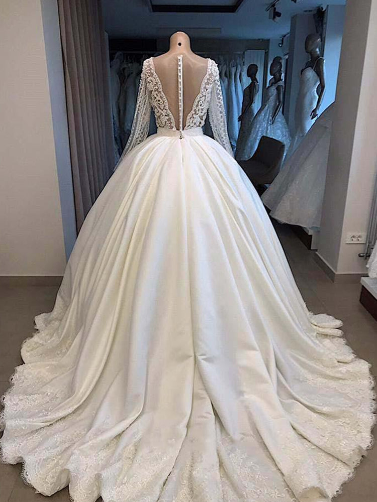 V Neck Backless illusion With Buttons Covered Plunging Dubai Arabic Bridal Gown prom dresses     cg21072