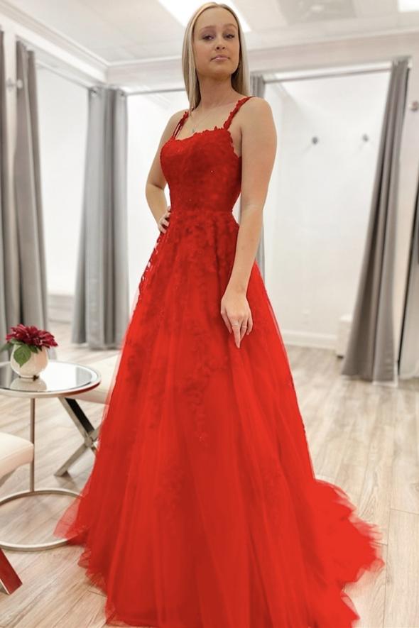 Red lace long A line prom dress evening dress     cg21073