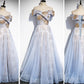 Light Blue Tulle With Gold Sequins Off Shoulder Prom Dress    cg21075