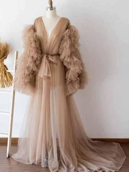 Champagne Tulle Maternity Women Dresses Ruffles Tiered Long Sleeves Full Sleeves Tulle Robe Women prom Dress   cg21082