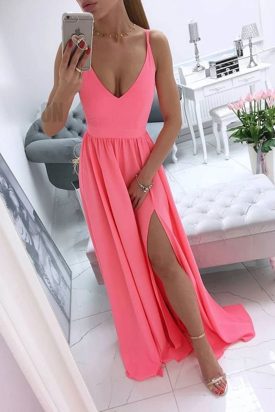 Simple v neck coral chiffon long prom dress     cg21089