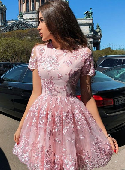 Cute A Line Round Neck Cap Sleeves Pink Lace Short Homecoming Dresses cg211