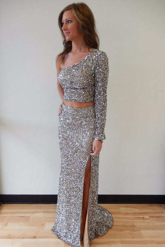 Silver chiffon sequins two pieces one sleeves slim-line slit long prom dresses,evening dress    cg21116