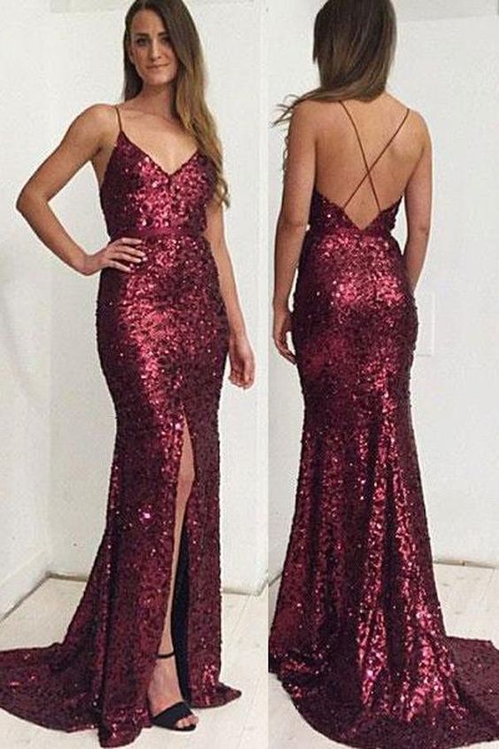 Gorgeous Sequin Mermaid Spaghetti Straps Long Prom Dress with Side Slit    cg21118