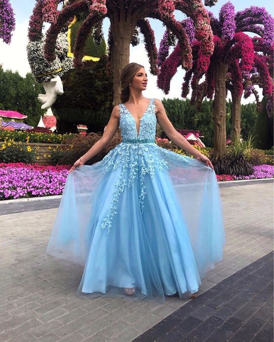 Glamorous A Line Deep V Neck Blue Long Prom/Evening Dress Appliques   cg21143