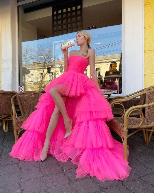 Princess A Line High Low Strapless Pink Long Prom/Evening Dress Ruffles    cg21150